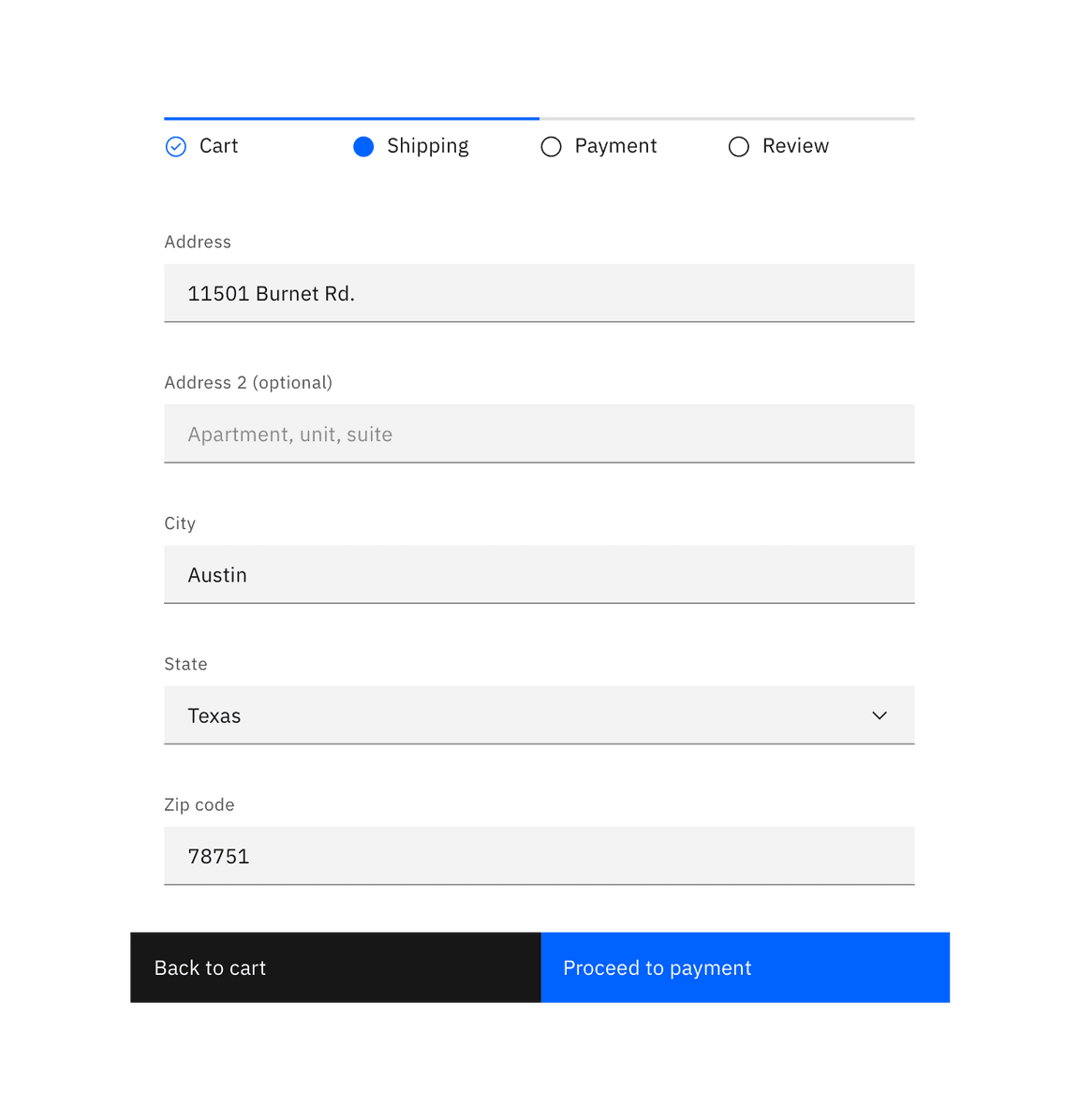 Example of the progress indicator in a payment UI